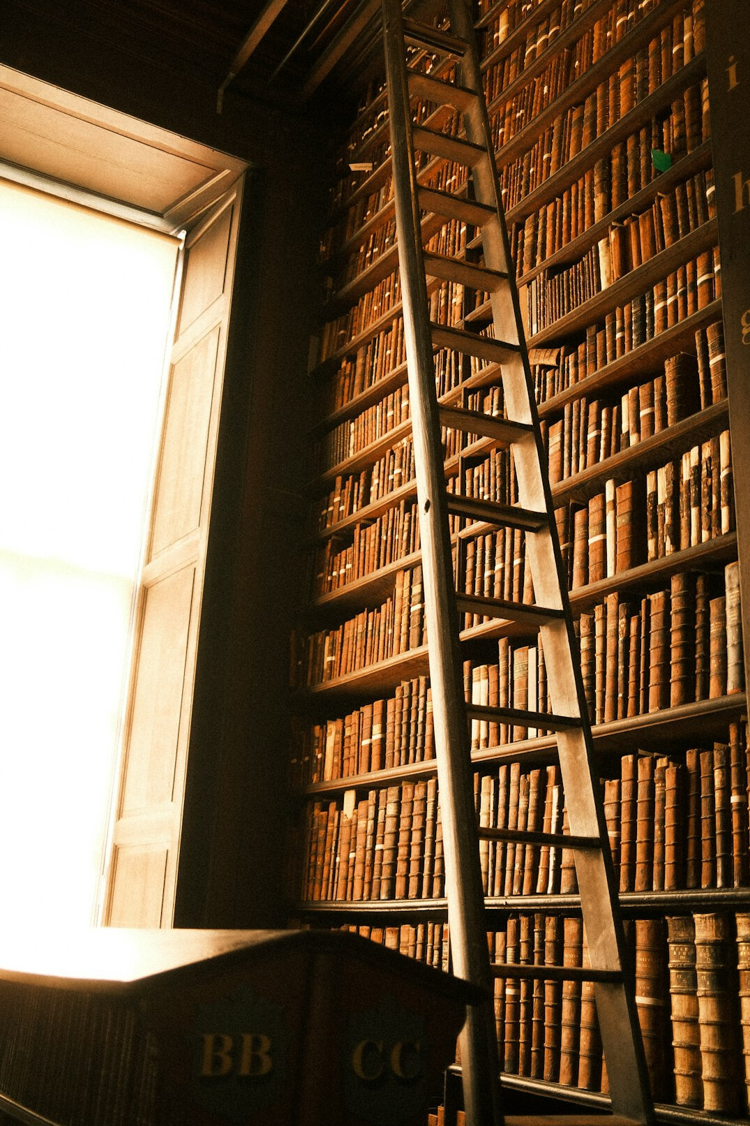 Old library with tall wooden shelves full of books