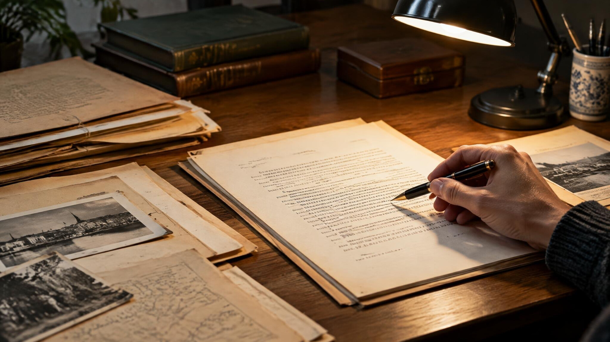 Desk with documents, papers and a pen being reviewed