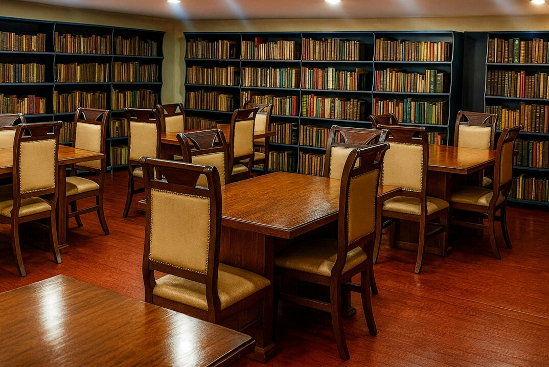 Grand historic reading room with rows of books
